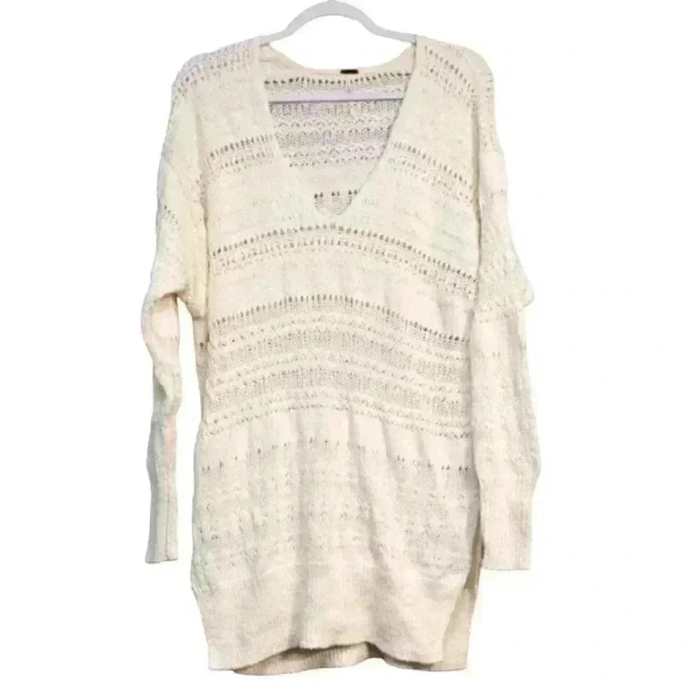 Free People Tunic Sweater Blouse Size Small Ivory Open Knit Boho Oversized Cozy